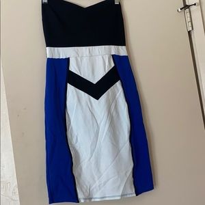 Strapless black blue and white dress